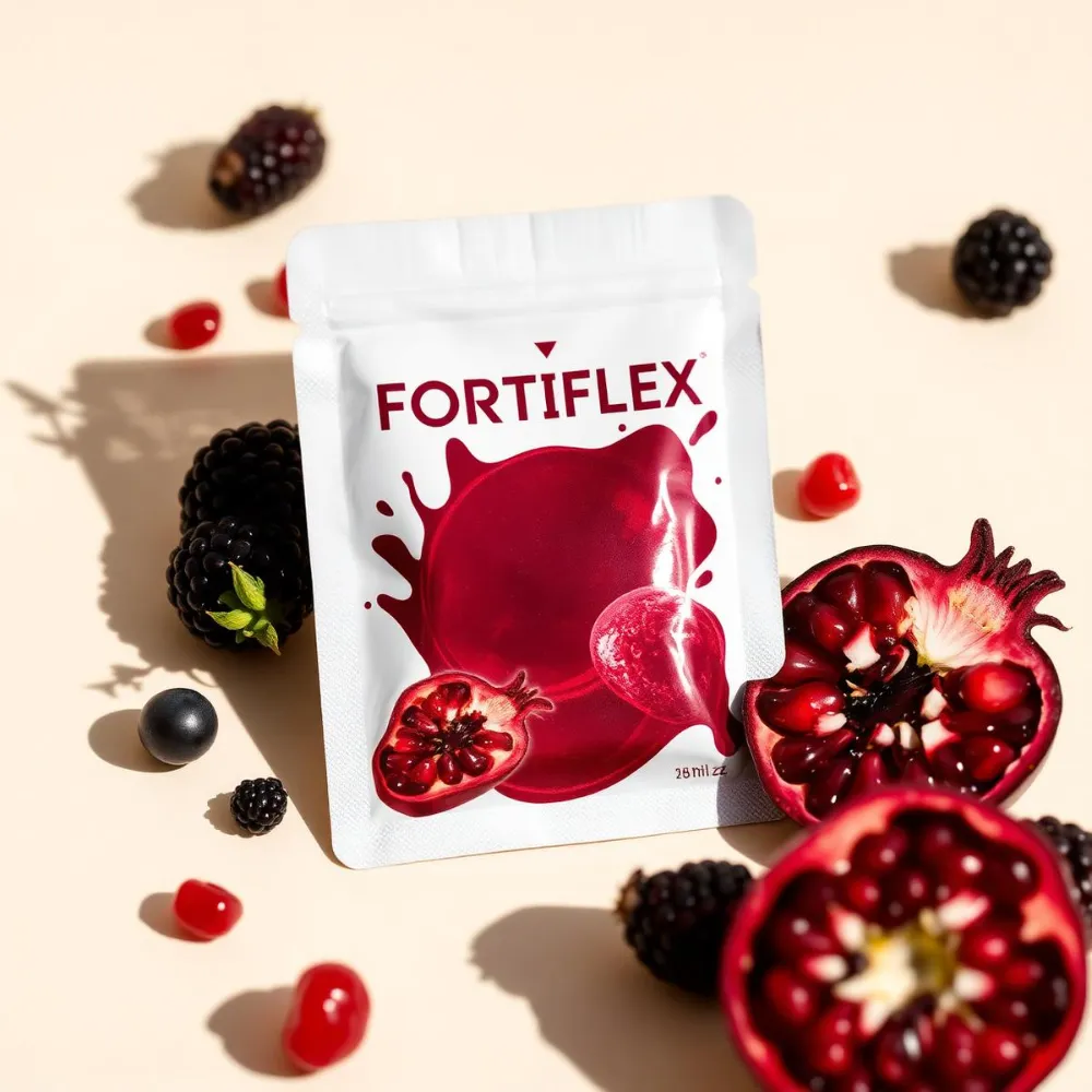 Sachet FORTIFLEX dengan buah delima dan berry