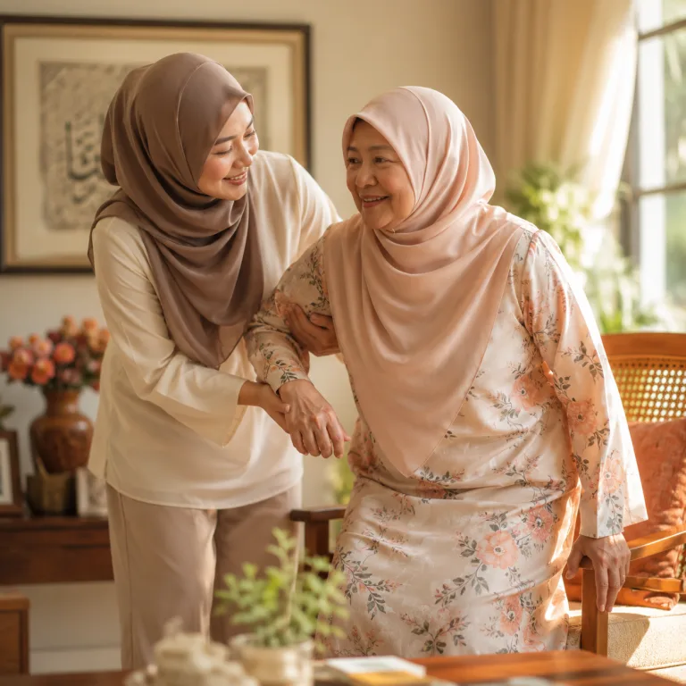 Anak membantu ibu bangun dari kerusi