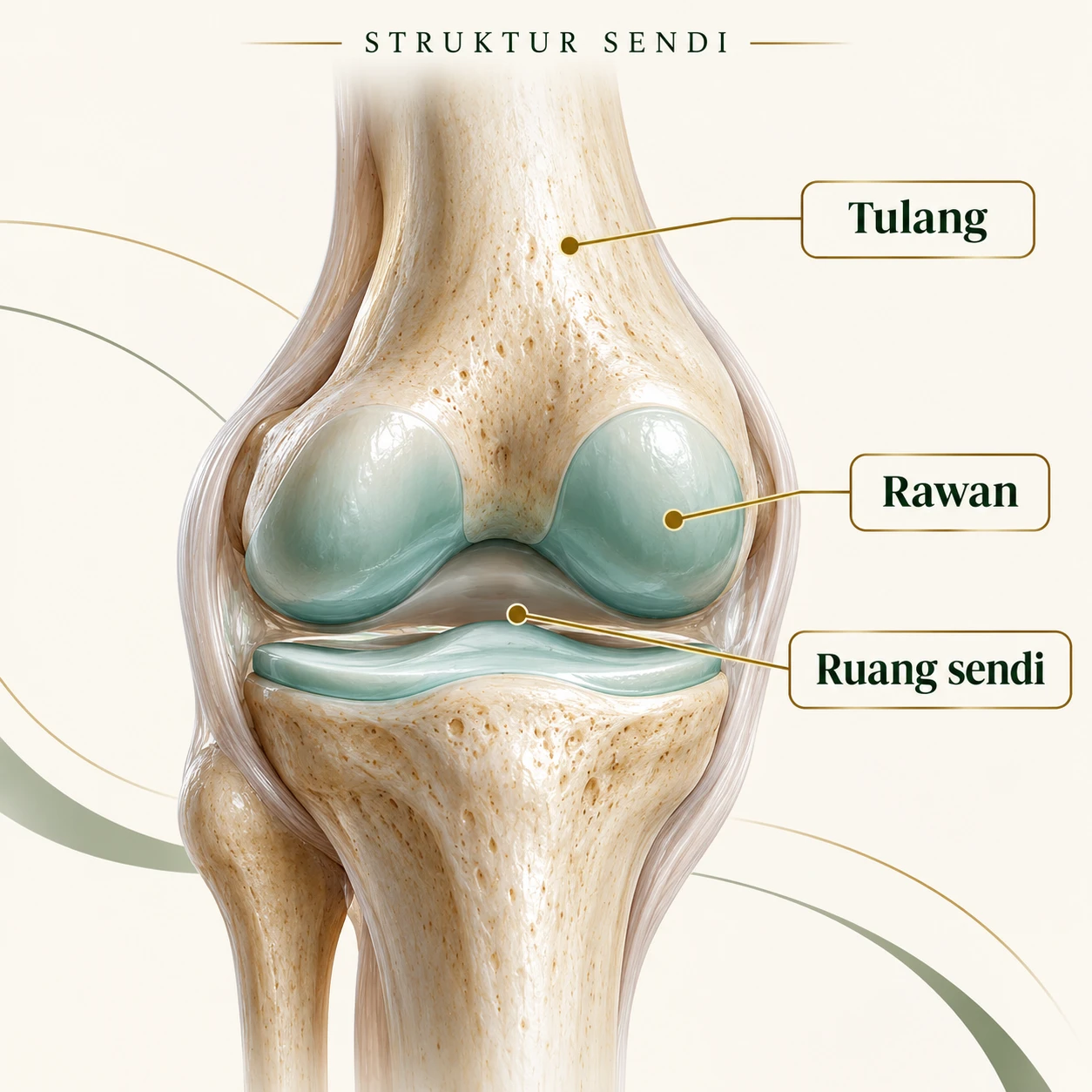 Ilustrasi struktur lutut: tulang, rawan dan ruang sendi