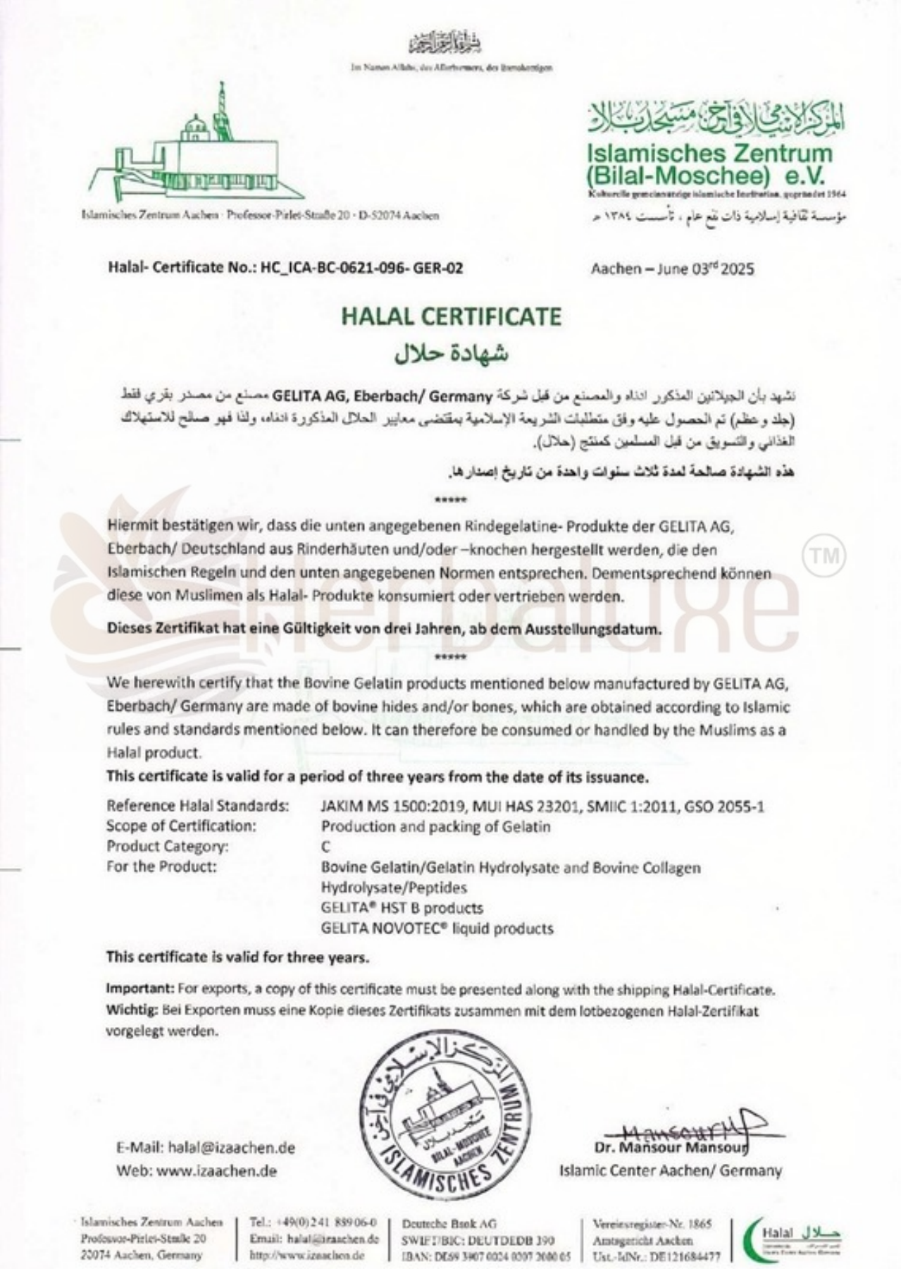 Salinan sijil halal bahan mentah GELITA dengan watermark HerbaLuxe, Islamisches Zentrum Aachen, 3 Jun 2025